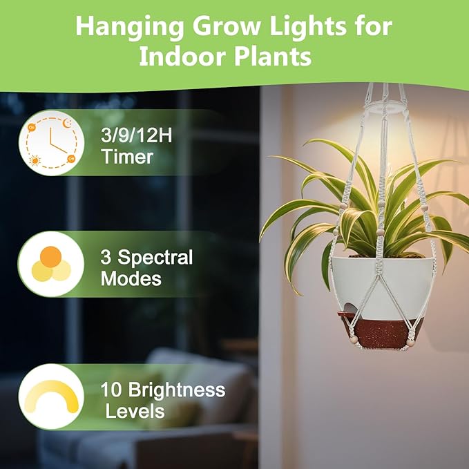 Hanging Grow Lights for Indoor Plants: 2 Pack Macrame Plant Hangers with Grow Lights and Self-Watering Pots, 10 Inch Large Hanging Pots with Drainage Holes & Removable Tray