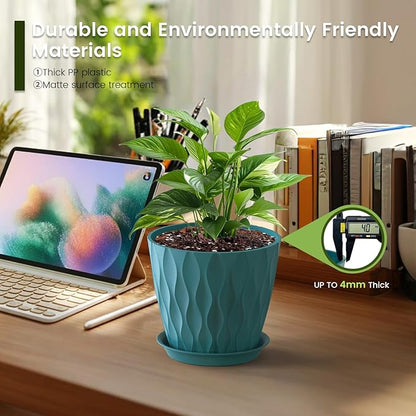 7 inch Plant Pots for Indoor Outdoor Plants, 5 Pack Thick Flower Pots with Drainage Holes and Saucers, 3D Modern Wave Texture Plastic Planter Pots for Nursery and House Plants, Blue Green