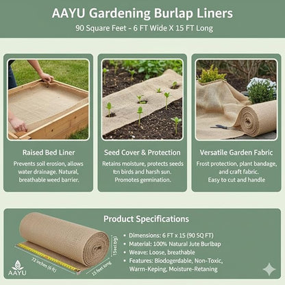 72 Inch X 15 Feet Gardening Burlap Liners, 90 Sq Ft (6 FT W X 15 FT L) Loose Weave Jute-Burlap for Raised Bed, Seed Cover and Garden Fabric (72 Inch X 15 feet, 72" x15'L)