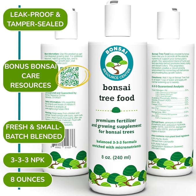 Bonsai Tree Food | Premium, Gentle Liquid Fertilizer for Healthy Growth, Strong Stems and Beautiful Blooms | 3-3-3 Balanced NPK Concentrate | Made in USA | 8 oz (240 ml)