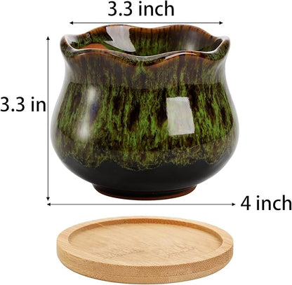 TOPZEA Set of 6 Succulent Plant Pots, 4 Inch Glazed Ceramic Cute Plant Pots with Drainage and Saucer, Mini Bonsai Planter Small Cactus Flower Pots for Indoor Outdoor Use