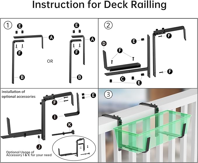 Y&M 4 Pcs Deck Railing Adjustable Planter Box Brackets (6 to 12.5 in), Universal Heavy Duty Iron Flower Box Brackets Wall Mounting Hooks for Fences, Patio, and Garden - Black (Patent Registered)