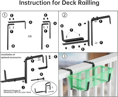 Y&M 4 Pcs Deck Railing Adjustable Planter Box Brackets (6 to 12.5 in), Universal Heavy Duty Iron Flower Box Brackets Wall Mounting Hooks for Fences, Patio, and Garden - Black (Patent Registered)