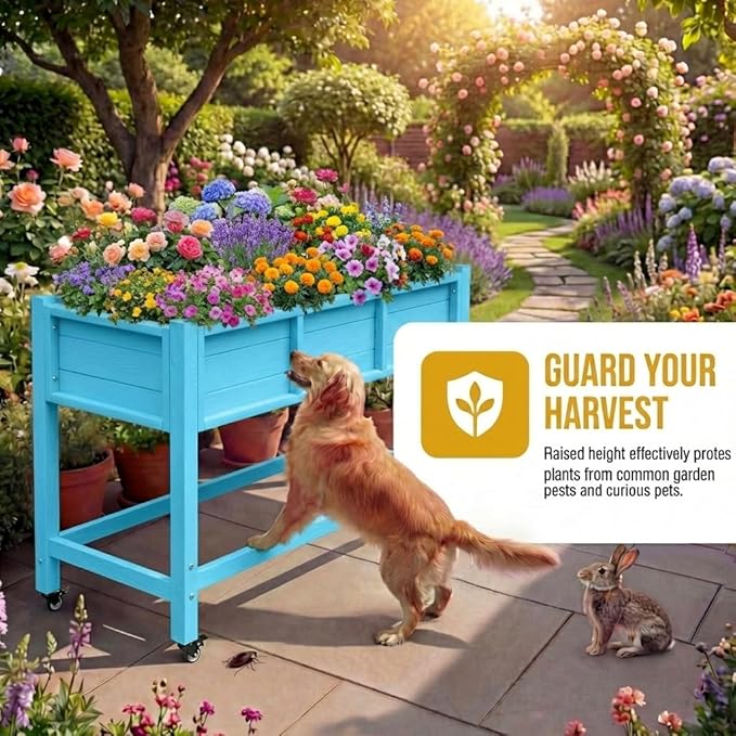 DWVO 47x18x31in Raised Garden Bed HDPE, Weather-Resistant Poly Wood Planter Box Stand, Planter Box with Legs & Lockable Wheels, Elevated Garden Bed for Backyard Patio Balcony - Aruba Blue