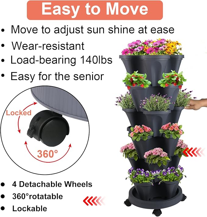 GameXcel Vertical Planter 6 Tier Stackable Planters Garden Planters Strawberry Herb Flower and Vegetable Planter Indoor Outdoor Gardening Pots with Removable Wheels and Tools
