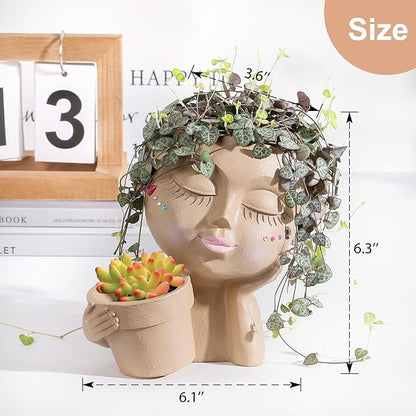 Face Planters Pots Head Planter for Indoor Outdoor Plants - Cute Plant Pots for Flower Succulent with Drainage Hole - Ideal Present Ideas(Khaki Lady)