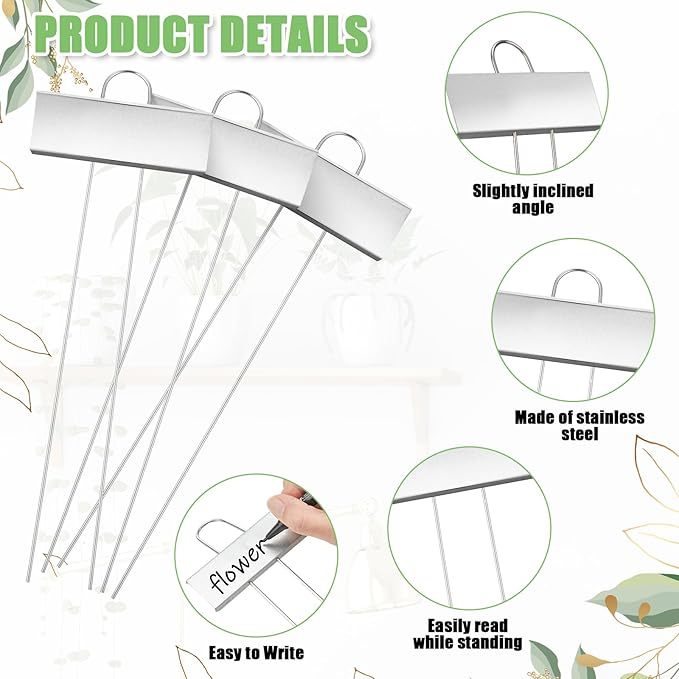 Maitys 62 Pcs Metal Garden Markers Plant Label Stakes Outdoor Weatherproof 10.6 Inch Stainless Steel Nursery Tags Bulk with Pens (Silver Label with Black Ink)