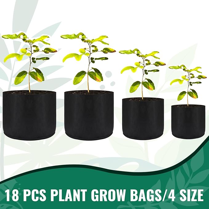 Abbylike 18 Pcs 3/5/7/10 Gallon Plant Grow Bags Heavy Duty Nonwoven Fabric Garden Plant Container Thickened Black Aeration Planter Pots for Outdoor Planting Flower Herb Potato Vegetable Fruits Plants