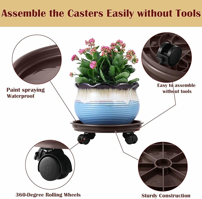 Yiting Plant Caddy with Wheels Heavy-Duty Rolling Plant Stand with Wheels Plant Dolly with Casters for Indoor and Outdoor Plant Roller Base Plant Saucer Mover (13 inch, Brown)
