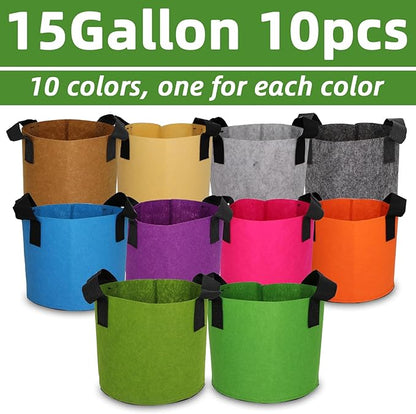 Grow Bags,Growing Pot Bags Garden Grow Bag Indoor Outdoor Fabric Aeration Plant Pot Container Flower Vegetable Pouch (Mixed 10colors,15Gallon)