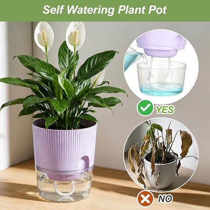 Plant Pots, 4 Pack 5.7 Inch Self Watering Pots for Indoor Plants, Flower Pots with Deep Reservoir and Drainage Holes - Yellow & Purple