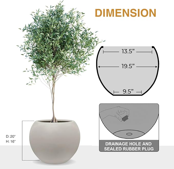 16" H x 20" D Globo Fiberstone Round Planter with Drainage Hole, Smooth Finishes, Weather Resistant for Indoor and Outdoor Use, Included 2 Extra Coco Mats (Taupe, 13.5" Pot Opening)