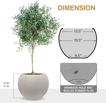 16" H x 20" D Globo Fiberstone Round Planter with Drainage Hole, Smooth Finishes, Weather Resistant for Indoor and Outdoor Use, Included 2 Extra Coco Mats (Taupe, 13.5" Pot Opening)