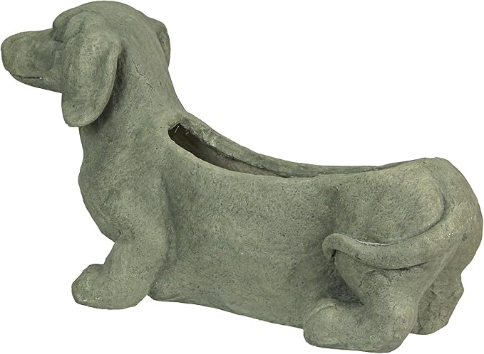Zeckos Charming Rustic Distressed Grey Stone Finish Dachshund Dog Indoor or Outdoor Decor Planter Doxie Plant Pot - Whimsical Garden Accent for Dog Lovers - 20 Inches Long