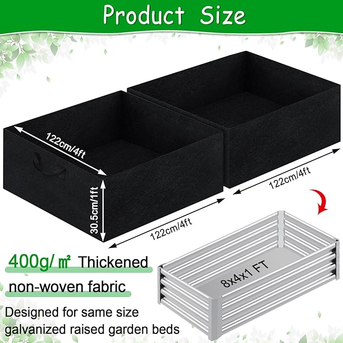 Rectangle Fabric Galvanized Raised Garden Bed Liner, 2Ps 4x4x1Ft Outdoor Garden Planting Bags for 8x4x1 Rectangle Metal Garden Bed, Large capacity for growing vegetables, flowers, herbs and succulents