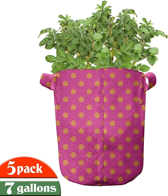 Ambesonne Pink and Orange Grow Bags 5-Pack, Polka Dots Design, Heavyduty Fabric Pots with Handles for Plants, Pink Orange