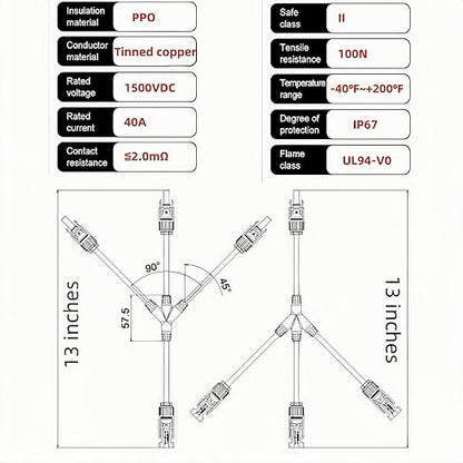 1 Pair Solar Y connectors 1 to 3-Turn Waterproof Parallel Solar connectors, 10AWG tinned Copper Solar Panel Cable Plug connectors (M/FFF and F/MMM)