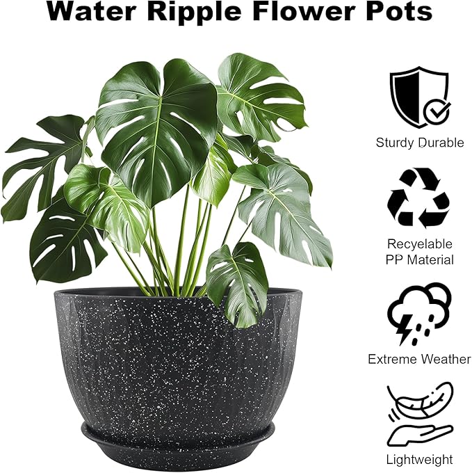 12 inch Large Plant Pots, Flower Pots with Multi-Mesh Drainage Holes and Saucer, Plastic Planters for Indoor and Outdoor Garden Plants (Speckled Black, 12")