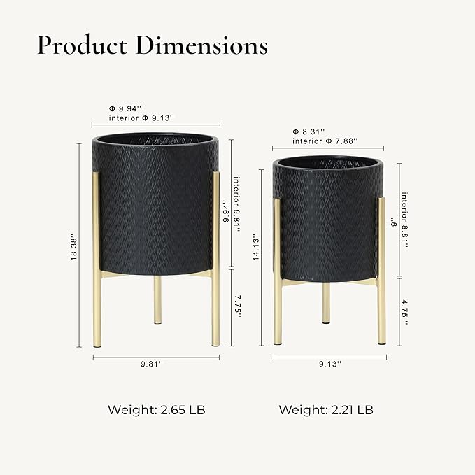 LuxenHome 2-Piece Diamond Pattern Round Metal Cachepot Planter Set, Black Planter with Gold Stands Set of 2 Indoor Plant Pots Large Floor Plant Pot for Plants, NOT Waterproof