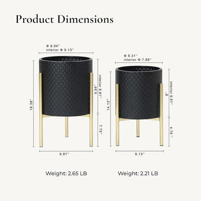 LuxenHome 2-Piece Diamond Pattern Round Metal Cachepot Planter Set, Black Planter with Gold Stands Set of 2 Indoor Plant Pots Large Floor Plant Pot for Plants, NOT Waterproof