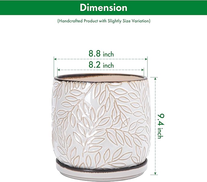 D'vine Dev 8 Inch Embossed Leaves Stoneware Planter Pot with Drainage Hole and Saucer, Smoked White, 27-A-Q-1