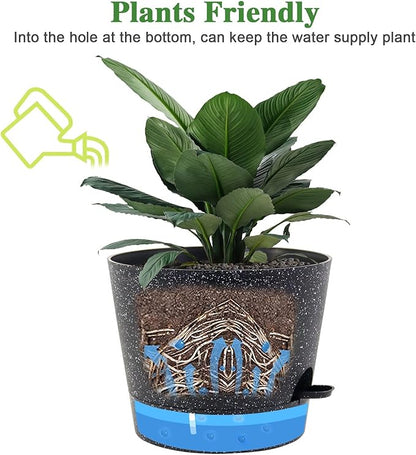 Self Watering Pots for Indoor Plants,12 inch Planters with Drainage Holes Plastic Flower Pots with Deep Reservoir, Black Speckles