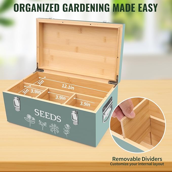 Large Bamboo Wood Seed Storage Organizer Box with Lid, Double-Layer Seal Design Seed Saving Box with 304 Stainless Steel Safety Lock, Handles, Extra Seed Envelopes and Labels, Great Gifts for Gardener