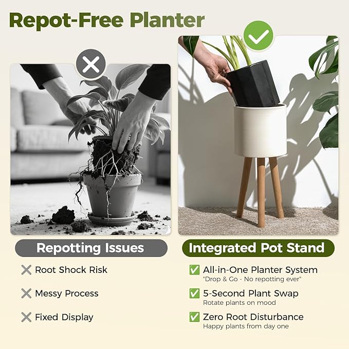 Bamworld Single Plant Holder for Indoor Plants Metal Planter Stand Wooden Leg White Plant Stand Indoor Flower Pot Stand Plant Pot with Stand for Living Room Office Bedroom Decor Modern Home Decor