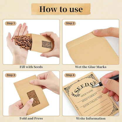 50-Pack Seed Packets Envelopes with Clear Window, 4.72 x 3.15 Inch Small Kraft Paper Seed Bags, Bulk Seed Storage Organizer with Preprinted Collecting Template for Garden Flower Vegetable Seeds Saving