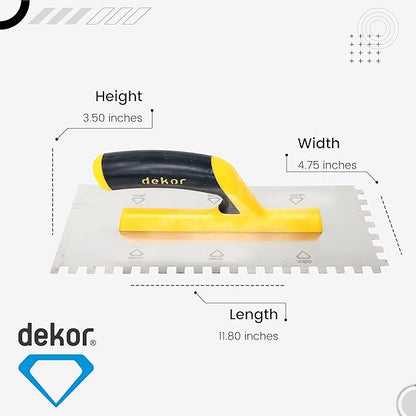 DEKOR Notched Trowel - 18" x 4.75" - Square Notch 5/16" - German Stainless Steel - Tile Tools, Concrete and Drywall Trowel, Made in Europe for DIY & PRofessional Use (Plastic Handle)