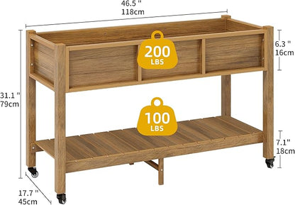 DWVO 47x18x31in Raised Garden Bed Outdoor HDPE with Legs and Lockable Wheels, Weather-Resistant Poly-Wood Elevated Planter Box, Double Tier Planters for Backyard Patio Balcony, Brown