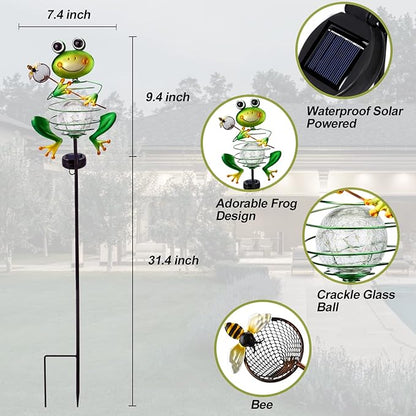Frog Solar Garden Light - Metal Stake Light with Crackle Glass Waterproof Globe, Solar Power LED for Garden, Lawn, Patio, Pathway Decor