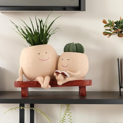 Meltset Cute Face Planter Pot - Funny Double Head Planter Sitting on Bench, Smiley Succulent Pot with Drainage Indoor and Outdoor, Unique Gift for Plant Lovers(Light Brown)