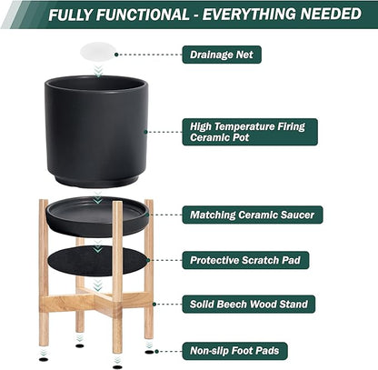D'vine Dev Ceramic Planter with Natural Stand - 14 Inch Modern Round Flower Pot with Wood Planter Holder, Black, 55-B-R-2