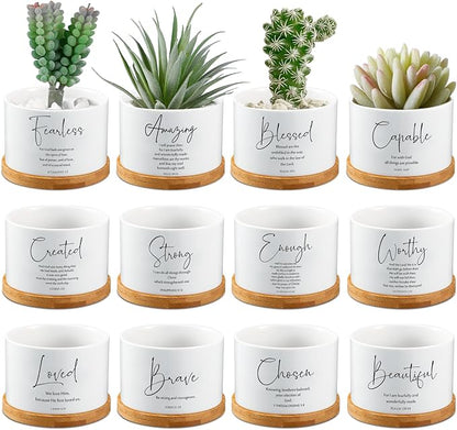 Fumete 12 Pcs Bible Verse Succulent Pots with Bamboo Tray Drainage 3.15 Inch Mini Ceramic Flower Planter Pot Christian Gifts for Women Sunday School Teacher Church Plants Not Included(Special Style)