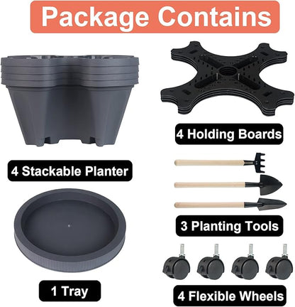 GameXcel Vertical Planter 4 Tier Stackable Planters Garden Planters Strawberry Herb Flower and Vegetable Planter Indoor Outdoor Gardening Pots with Removable Wheels and Tools