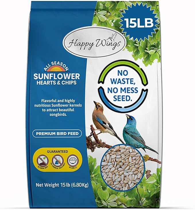 Happy Wings Sunflower Hearts & Chips Bird Food 15 lbs No Mess, No Waste Seed No Grow Formula Ideal for Wild Birds, Finches, Sparrows, and Year-Round Feeding.