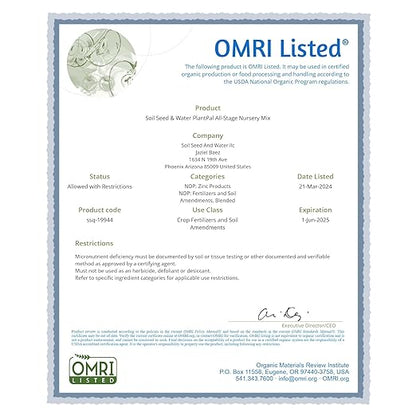 Soil Seed & Water PlantPal Organic All-Stage Nursery Potting Mix – Seed Starter, Propagation and General Purpose Blend - OMRI Listed