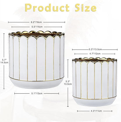 Ceramic Plants Pot 6.2+5.3 Inch Petal-Shaped Rim Pots Set of 2 for for Indoor Outdoor Succulent Plants or Flowers Gold and White