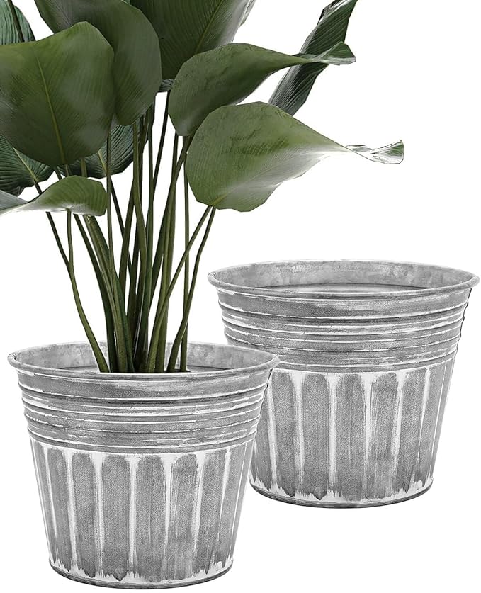 vensovo 12 Inches Silver Metal Rustic Plant Pots - 2 Pcs Large Galvanized Planters with Drain Hole and Rubber Plug, Rustproof Tin Bucket Flowerpot for Indoor Plants Farmhouse Vintage Style for Decor