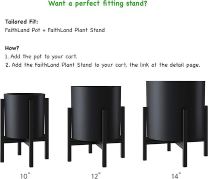 FaithLand Plant Pot 12 inch - Perfectly Fits Mid-Century Modern Plant Stand - Drainage Plug and Drainage Mesh Screen - Matte Black