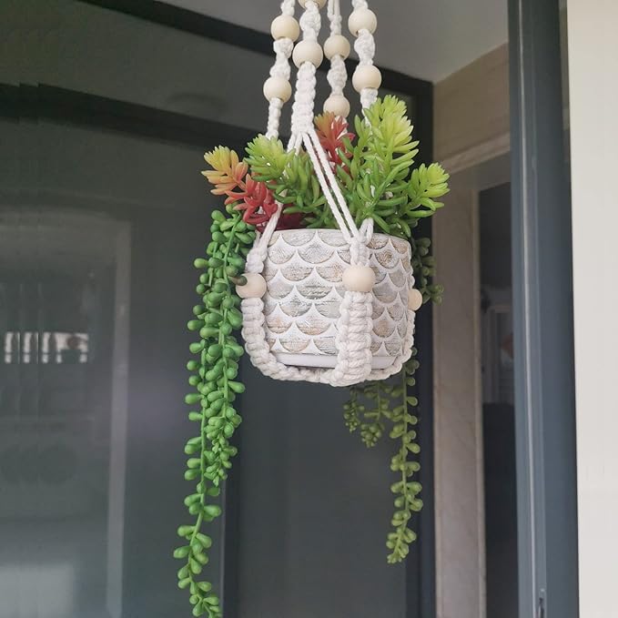 Macrame Plant Hanger 35", Set of 2 No Tassel Hanging Plant Holder, Sturdy Flower Pot Holder with 4 Hooks - Ivory