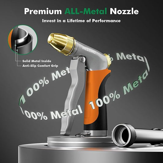 RESTMO Heavy Duty Metal Water Hose Nozzle, High Pressure Garden Hose Nozzle, Hose Sprayer Nozzle with Adjustable Spray Patterns for Garden Watering, Car Washing, Patio and Pet, Orange