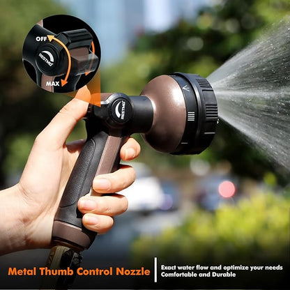 RESTMO Full Shower Hose Nozzle, Metal Spray Nozzle for Garden Hose, 8 Spray Patterns, Water Hose nozzle with Thumb Control, Ideal for Outdoor Lawn & Plant Watering, Car & Pet Washing, Brown