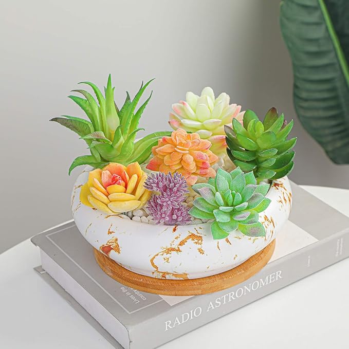 ARTKETTY Succulent Pots - 7.3 Inch Large Bonsai Pots with Drainage Tray, Ceramic Pots for Indoor Plants, Shallow Succulent Planters Marble Cactus Flower Plant Container Bowl