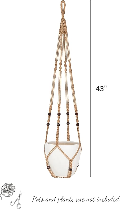 Mkono Set of 2 Macrame Plant Hanger 35 Inch and 43 Inch Indoor Jute Hanging Planter Basket with Wood Beads Decorative Flower Pot Holder No Tassels, Brown (POTS NOT Included)
