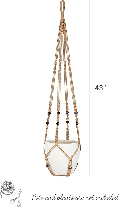 Mkono Set of 2 Macrame Plant Hanger 35 Inch and 43 Inch Indoor Jute Hanging Planter Basket with Wood Beads Decorative Flower Pot Holder No Tassels, Brown (POTS NOT Included)