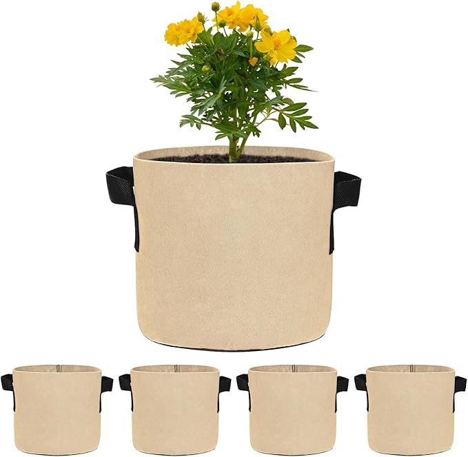 5-Pack Plant Grow Bags 2 Gallon Grow Bags 300G Thickened Fabric Pots with Durable Handles Plant Garden Grow Pots for Fruits/Vegetables/Flowers/Plants [Khaki]