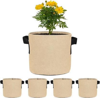 5-Pack Plant Grow Bags 2 Gallon Grow Bags 300G Thickened Fabric Pots with Durable Handles Plant Garden Grow Pots for Fruits/Vegetables/Flowers/Plants [Khaki]