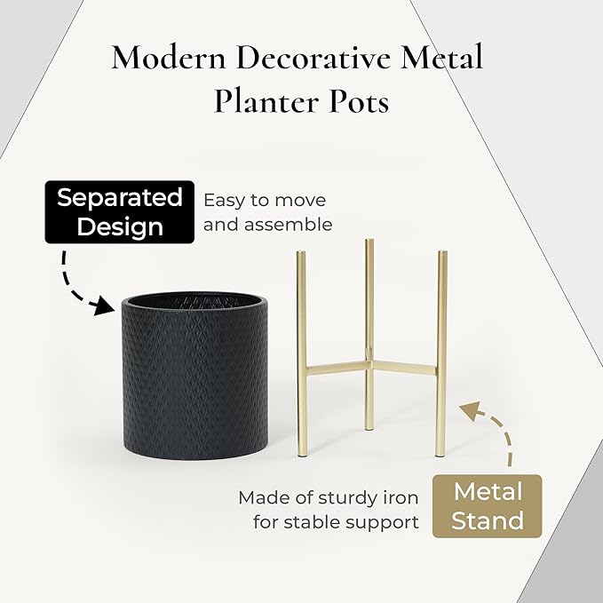 LuxenHome 2-Piece Diamond Pattern Round Metal Cachepot Planter Set, Black Planter with Gold Stands Set of 2 Indoor Plant Pots Large Floor Plant Pot for Plants, NOT Waterproof